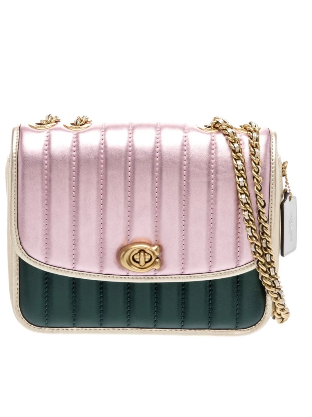 Coach Madison Quilted Leather Chain Shoulder Bag in Metallic Pink and Green NWT